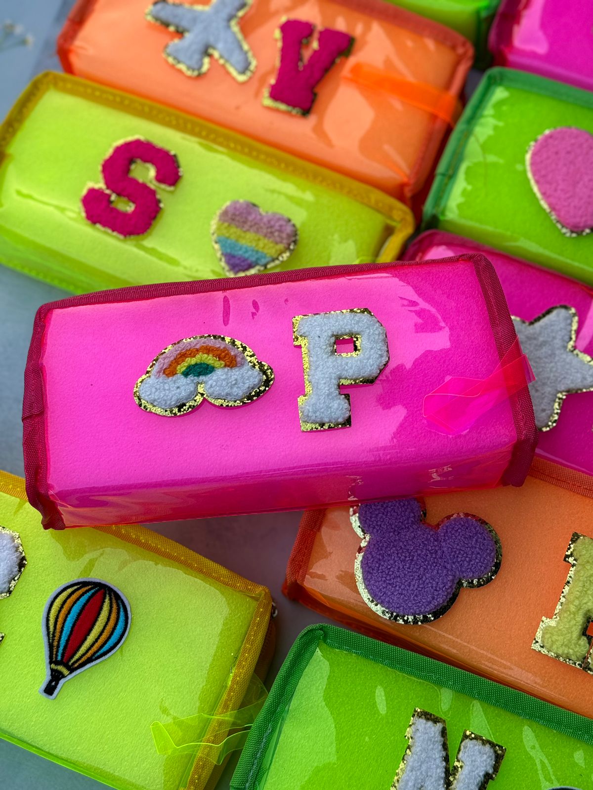 Cute  neon jelly pouches Includes one initial n one patch