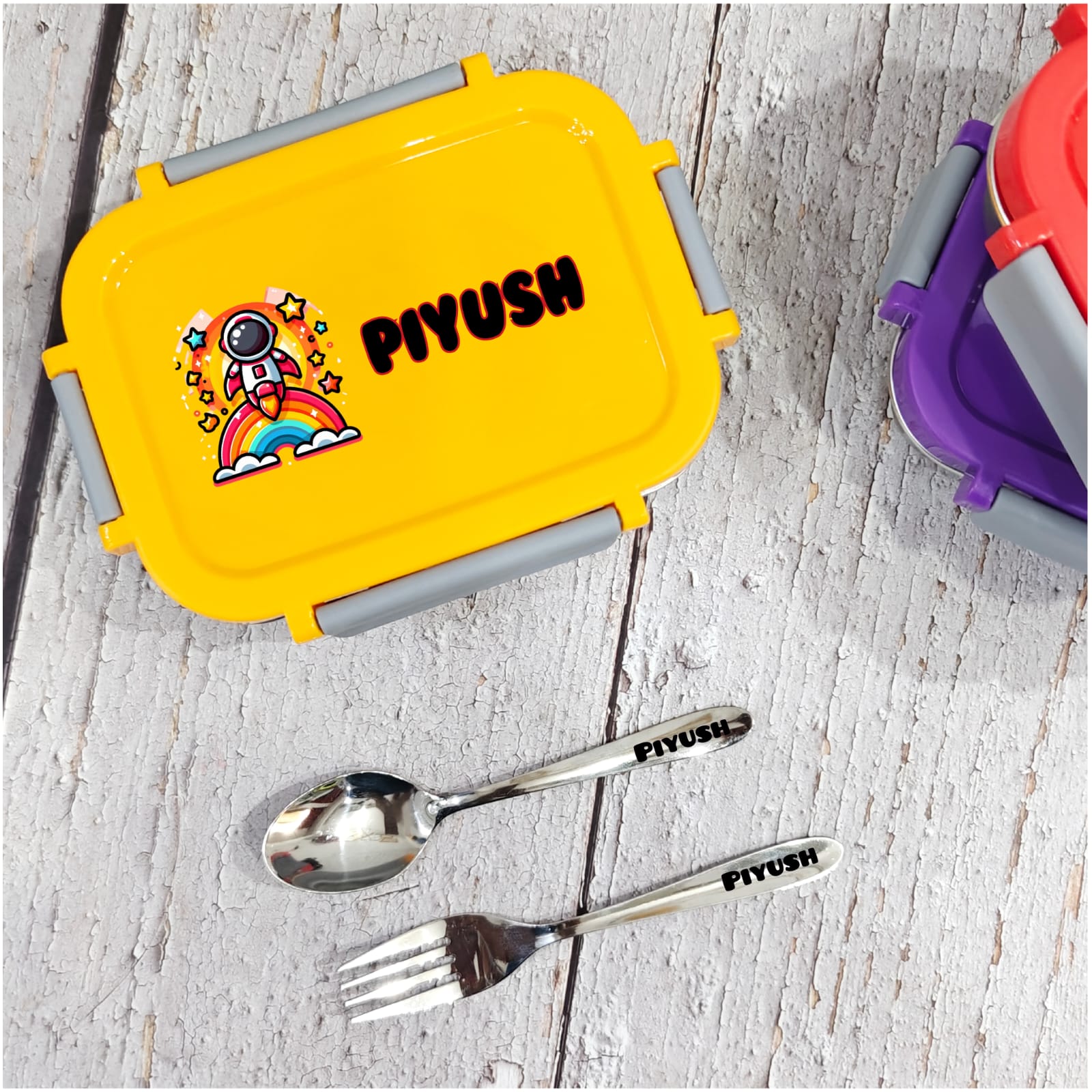 Personalized Steel Snacks Box with Spoon & Fork