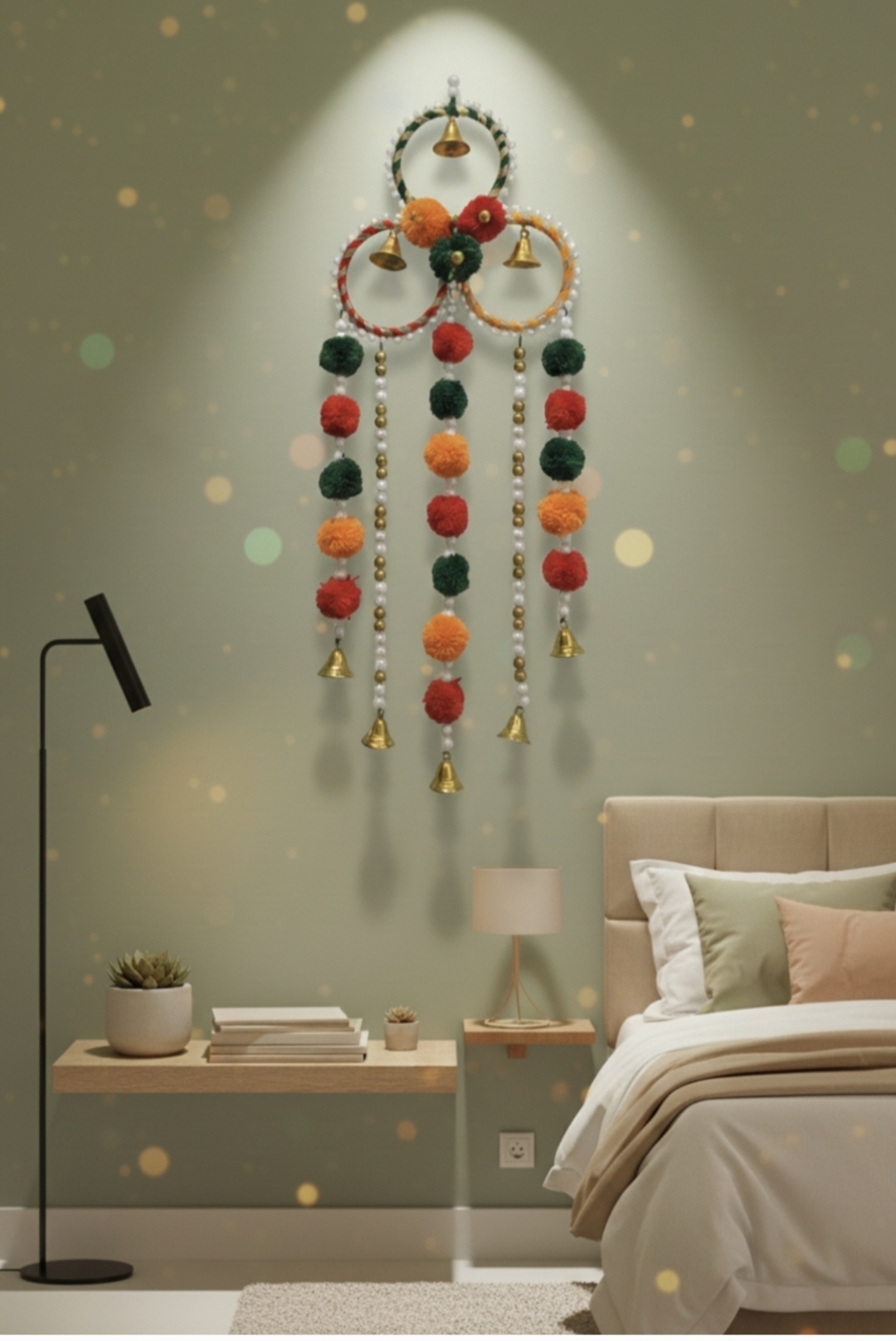 Handmade Decorative Wall Hanging Jhoomer with Pompoms, Beads & Bells for Home Décor & Festivals