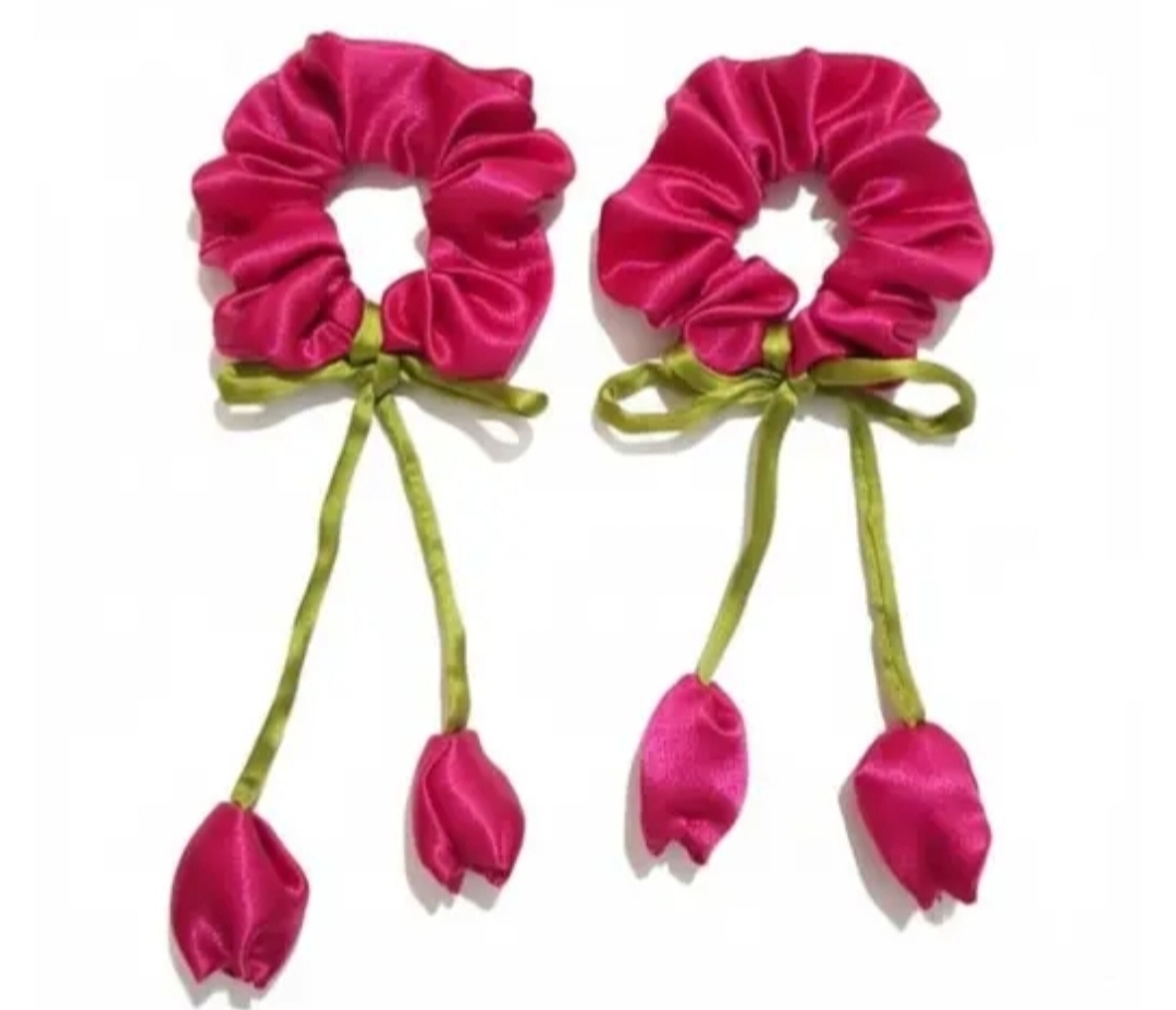 Giftora Satin rose Flower Hair Scrunchies for Women & Girls | Stylish Hanging Petal Design | Soft & Gentle Satin Rubber Band for Ponytail, Party & Daily Use (Set of 2 – Pink)