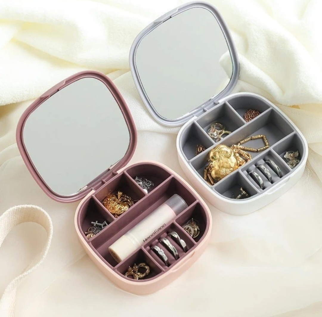 Small Jewelry Box with Mirror | Mini Portable Jewellery Organizer for Women & Girls | Multi Grid Travel Storage Case for Rings, Earrings, Necklace, Bracelets & Makeup