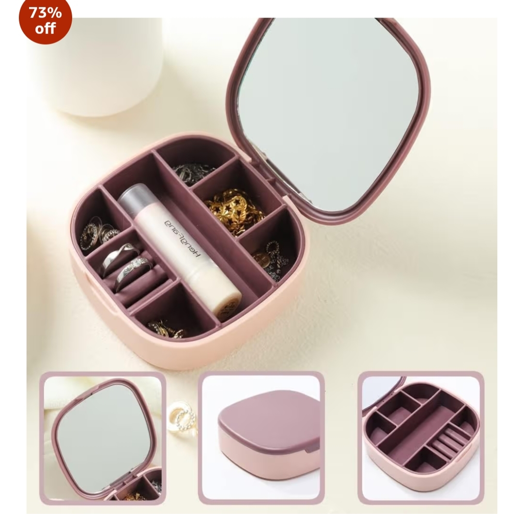 Small Jewelry Box with Mirror | Mini Portable Jewellery Organizer for Women & Girls | Multi Grid Travel Storage Case for Rings, Earrings, Necklace, Bracelets & Makeup