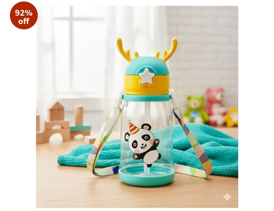 Cartoon Water Bottle with Straw & Strap 500ml | BPA Free Leak-Proof Kids Bottle | Non-Toxic Drinking Bottle for School, Home & Travel