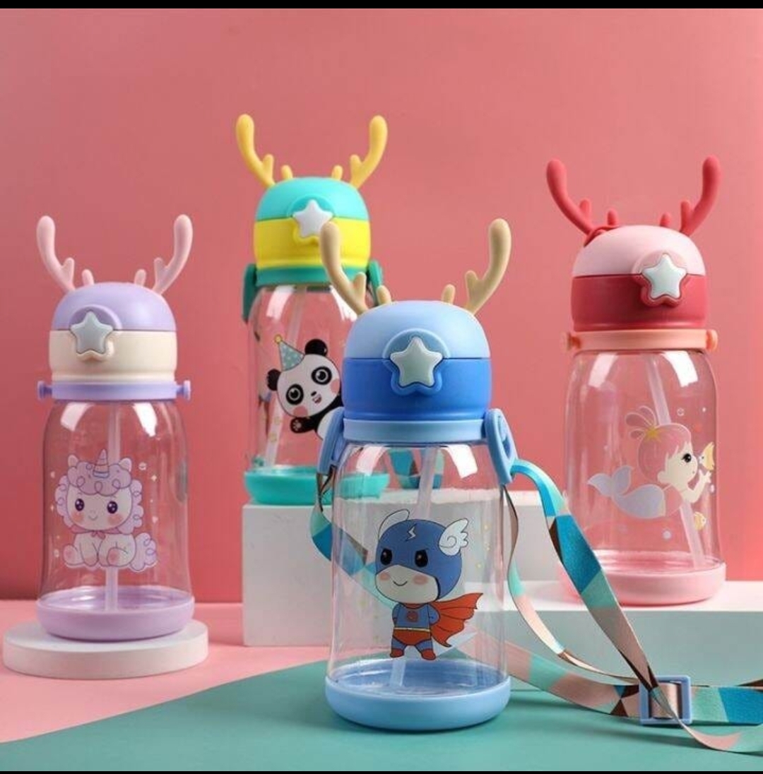 Cartoon Water Bottle with Straw & Strap 500ml | BPA Free Leak-Proof Kids Bottle | Non-Toxic Drinking Bottle for School, Home & Travel