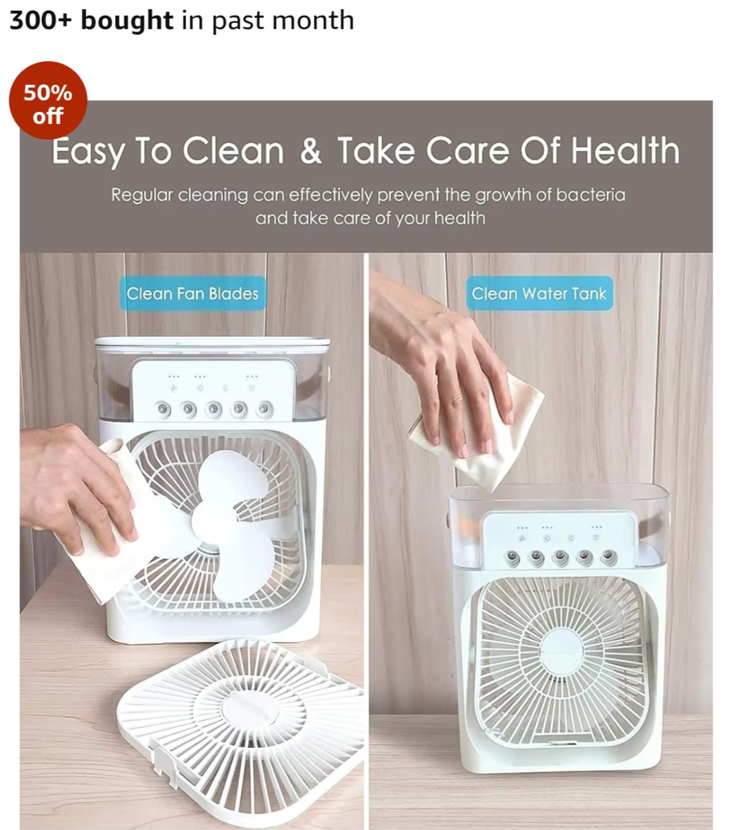 Portable Mini Air Cooler Fan for Kids & Home | USB Powered Mist Cooling Fan with Water Tank | 3 Speed, 5 Spray Modes, 7 LED Lights | Ideal for Bedroom, Kitchen, Study & Travel