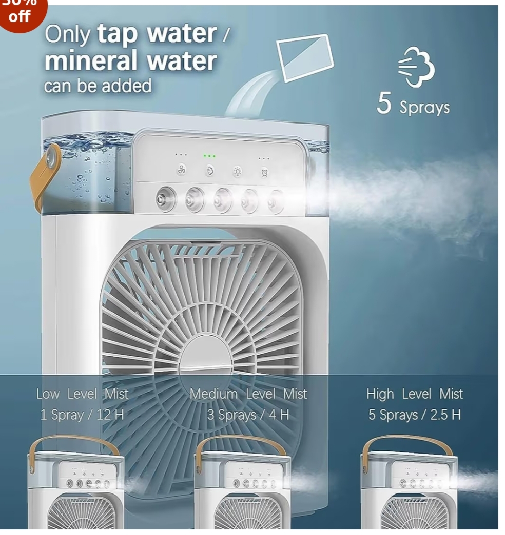 Portable Mini Air Cooler Fan for Kids & Home | USB Powered Mist Cooling Fan with Water Tank | 3 Speed, 5 Spray Modes, 7 LED Lights | Ideal for Bedroom, Kitchen, Study & Travel