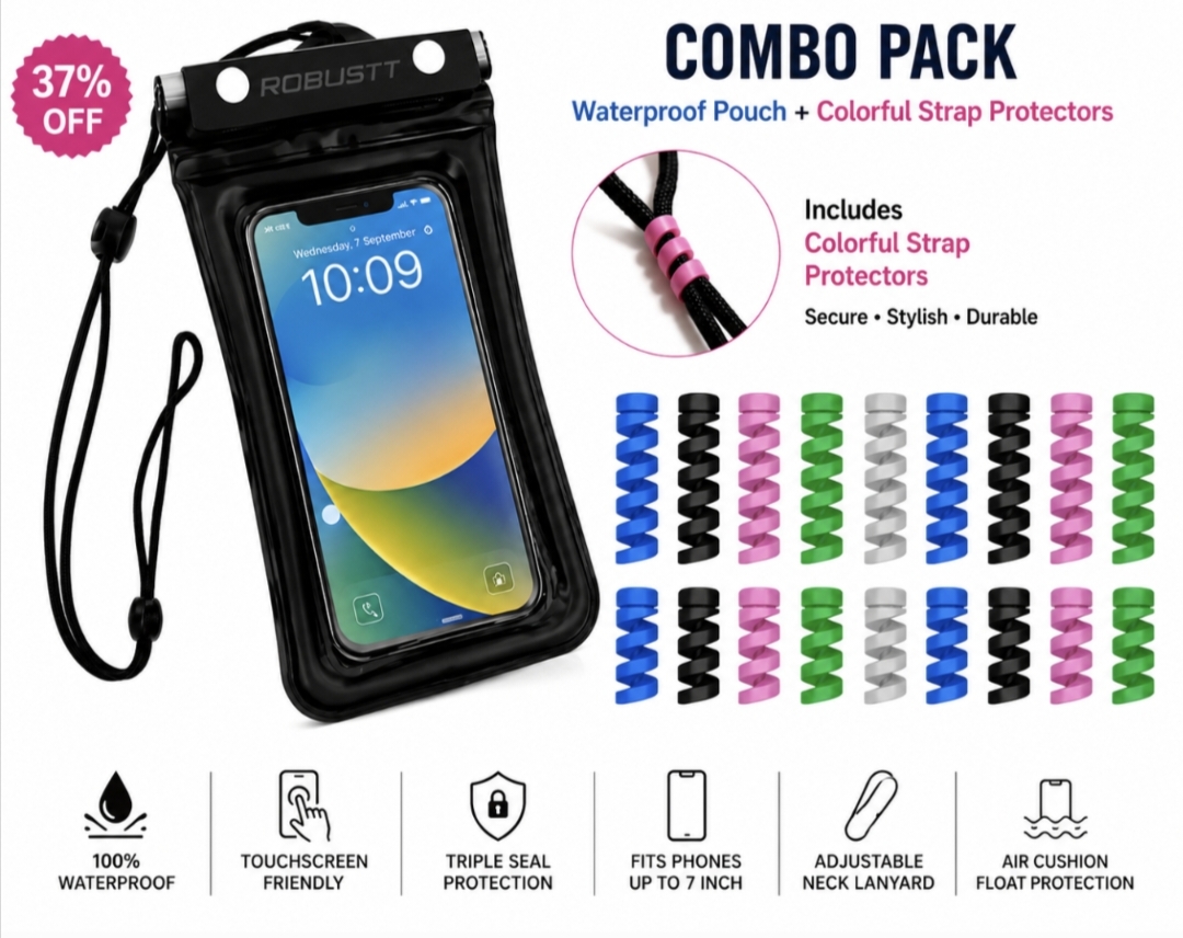 Giftora Waterproof Mobile Pouch Combo | Universal Touch Screen Waterproof Phone Cover with Neck Lanyard & Cable Protectors | Triple Seal Dry Bag for Smartphones up to 7 Inch | Travel & Beach Essential
