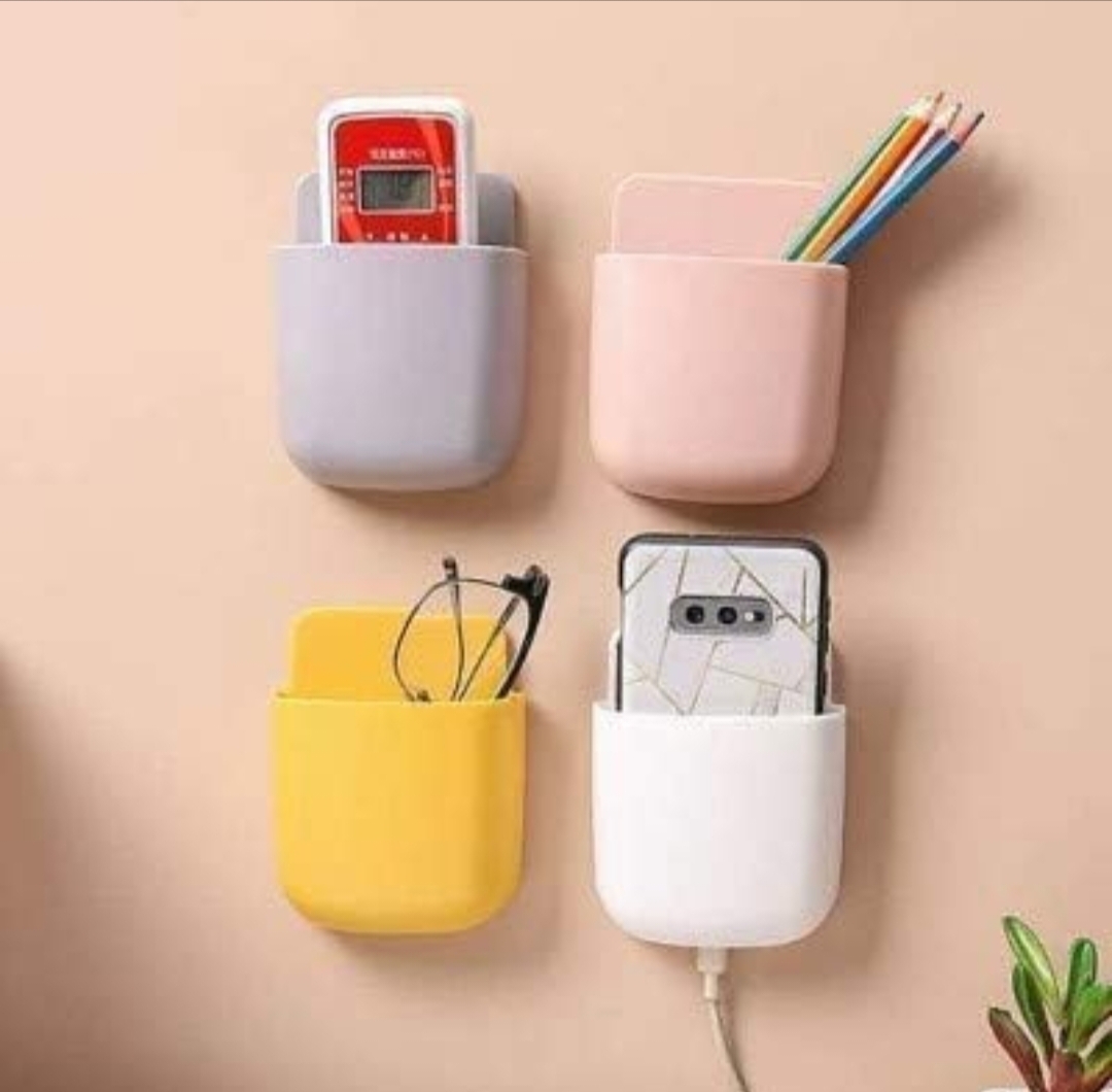 4 Piece Wall Mounted Stationery Storage Box With Plastic Wall Charger Stand Remote Storage Organizer Case for Air Conditioner TV Mobile Phone Plug Holder Stand Rack, Multicolor