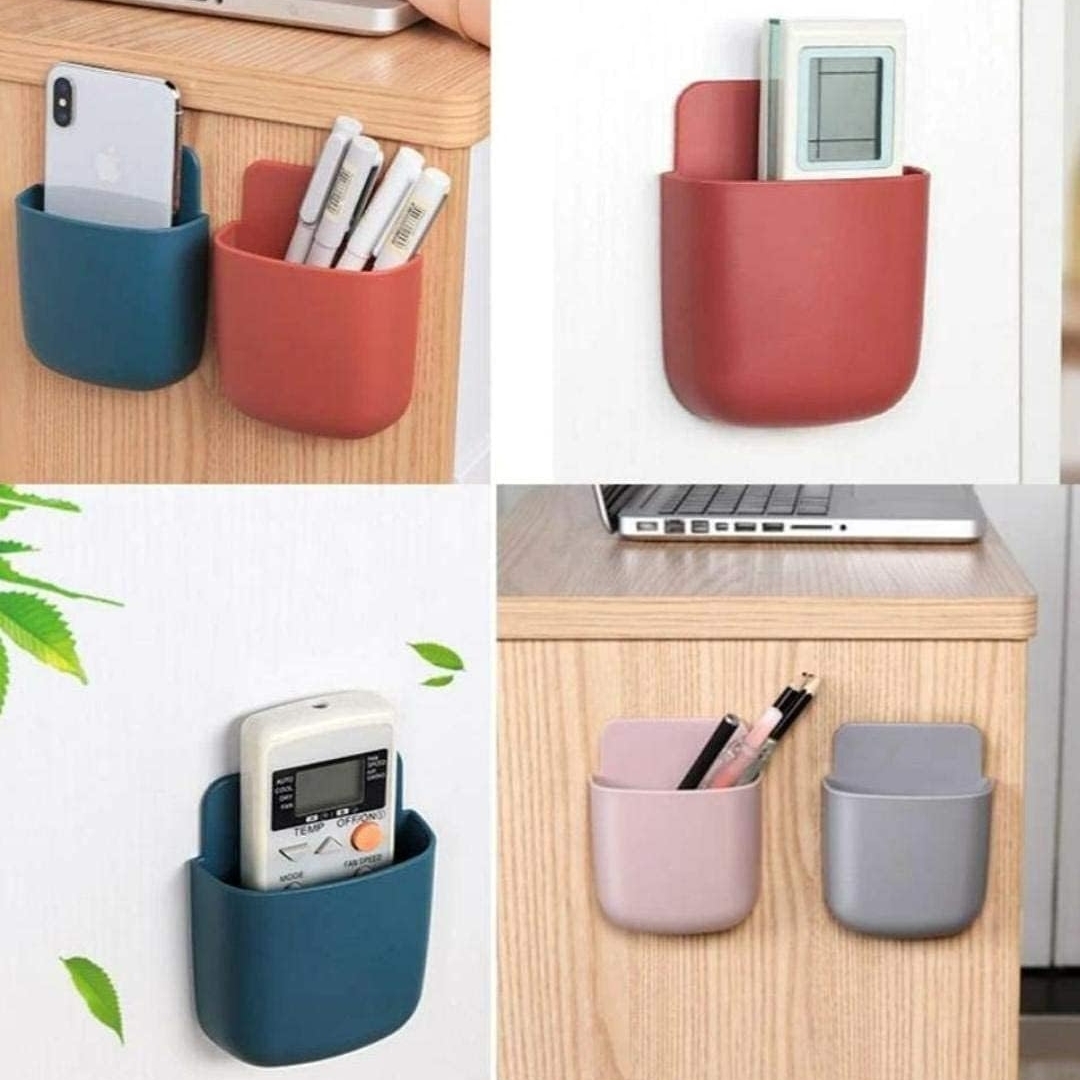 4 Piece Wall Mounted Stationery Storage Box With Plastic Wall Charger Stand Remote Storage Organizer Case for Air Conditioner TV Mobile Phone Plug Holder Stand Rack, Multicolor