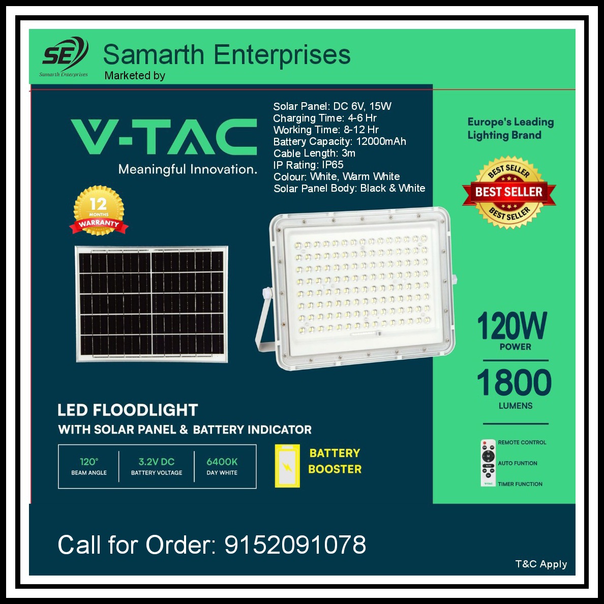 V-TAC Solar LED Flood Light - 120 Watt