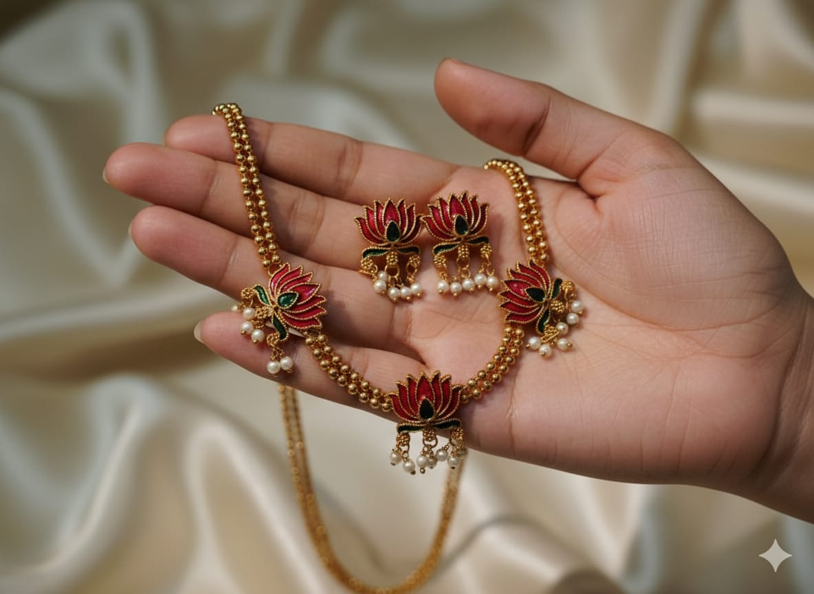 Lotus with pearl drops choker set