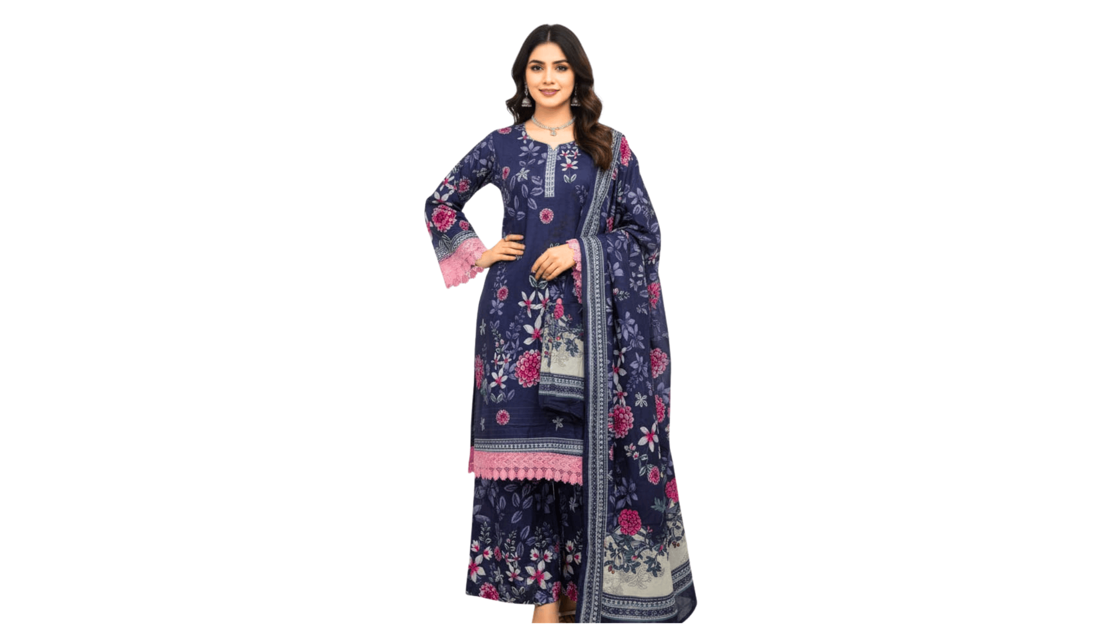 Navy Blue Floral Printed Sharara Suit with Pink Accents