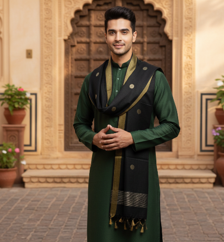 The Massive Shop Premium Men’s Emerald Green Kurta Fabric with Designer Black & Gold Dupatta | Festive Ethnic Wear Collection