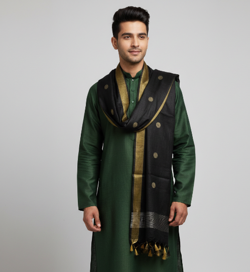 The Massive Shop Premium Men’s Emerald Green Kurta Fabric with Designer Black & Gold Dupatta | Festive Ethnic Wear Collection