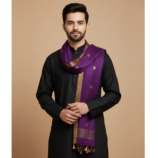 The Massive Shop Premium Men’s Emerald Black Kurta Fabric with Designer Purple & Gold Dupatta | Festive Ethnic Wear Collection