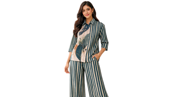 Women’s Striped Co-Ord Set Cotton Linen Natural Digital print with kantha hand works  ( a-512 ) ( green)