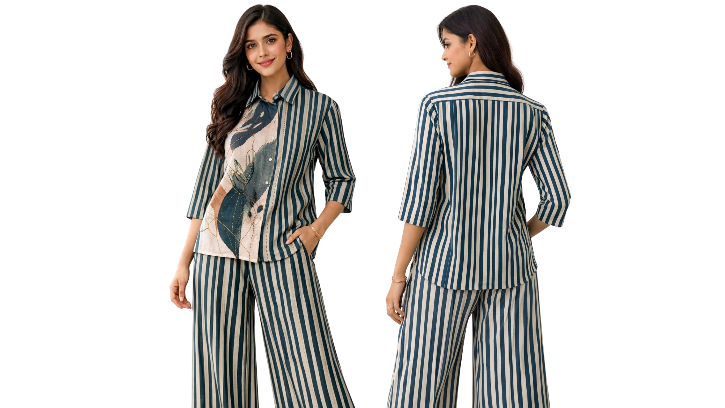 Women’s Striped Co-Ord Set Cotton Linen Natural Digital print with kantha hand works  ( a-512 ) ( green)