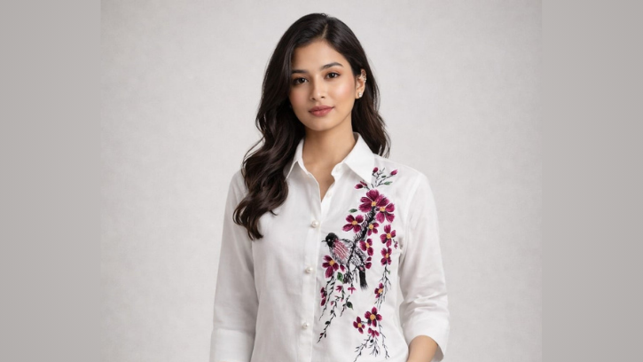 Women’s Floral Hand Print with hand Embroidered Cotton Linen Shirt & Pant Co-Ord Set   ( a-511 )(White)