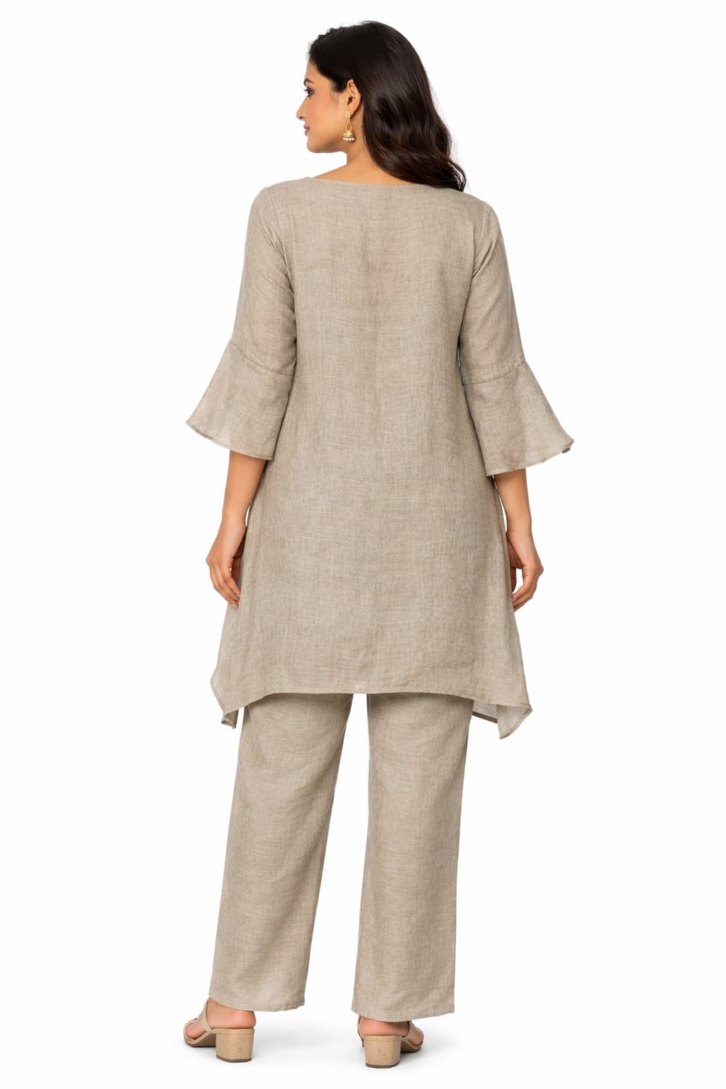 Women’s Linen Embroidered Kurta Set with Pants –   ( a-510) (Beige)
