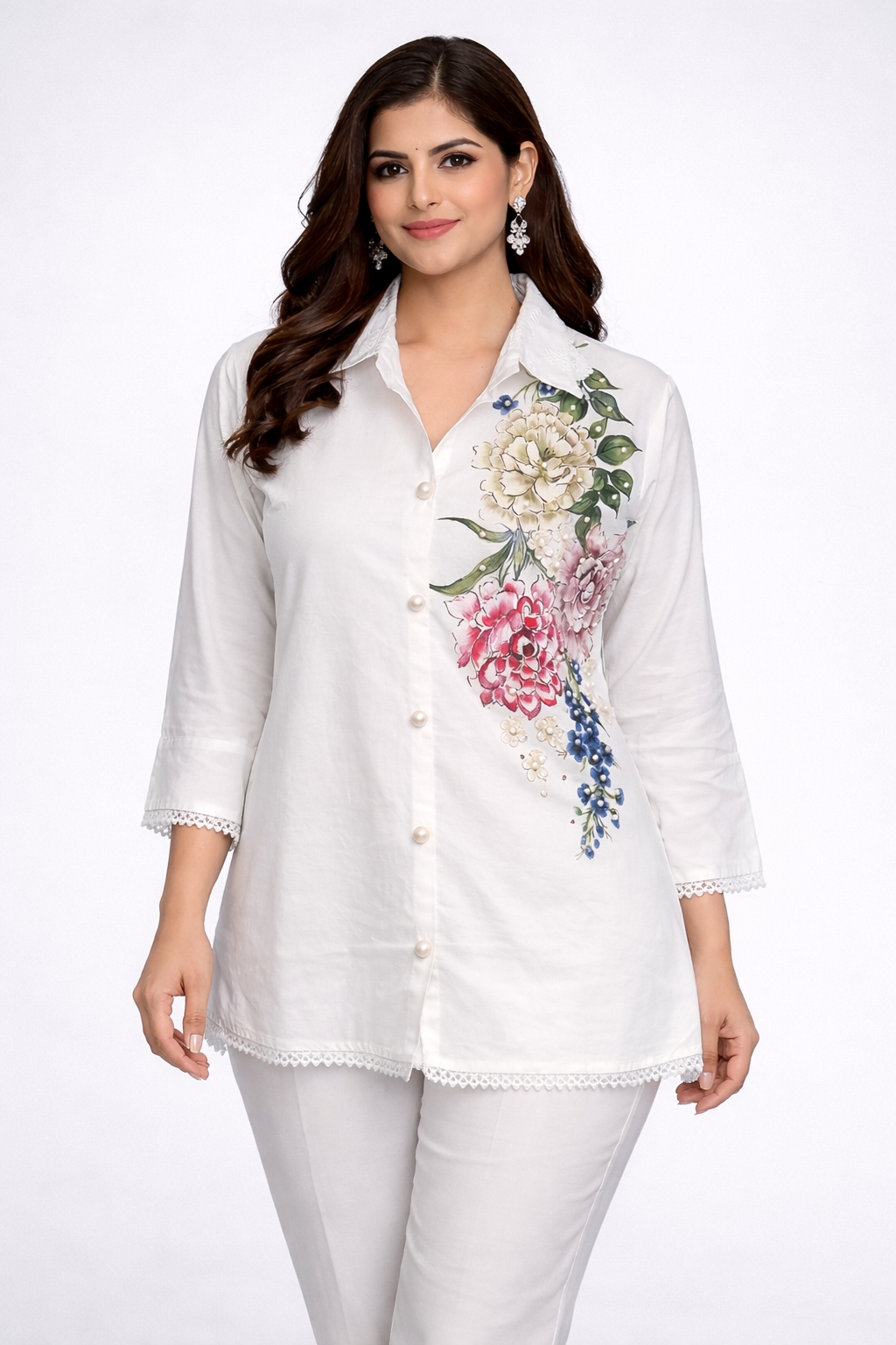 Women’s Floral Hand Print and Embroidered Shirt with Pant Co-Ord Set   ( a-509 ) (White)