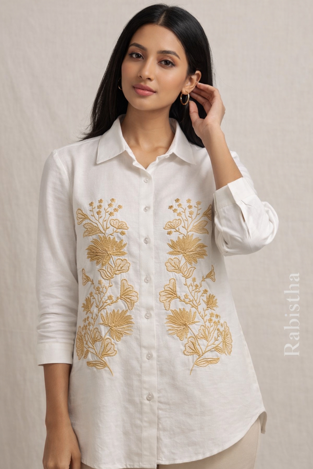 Women’s Cotton Linen Embroidery With hand works Kurta Set with Pants  ( a-506 ) ( green+ beige )