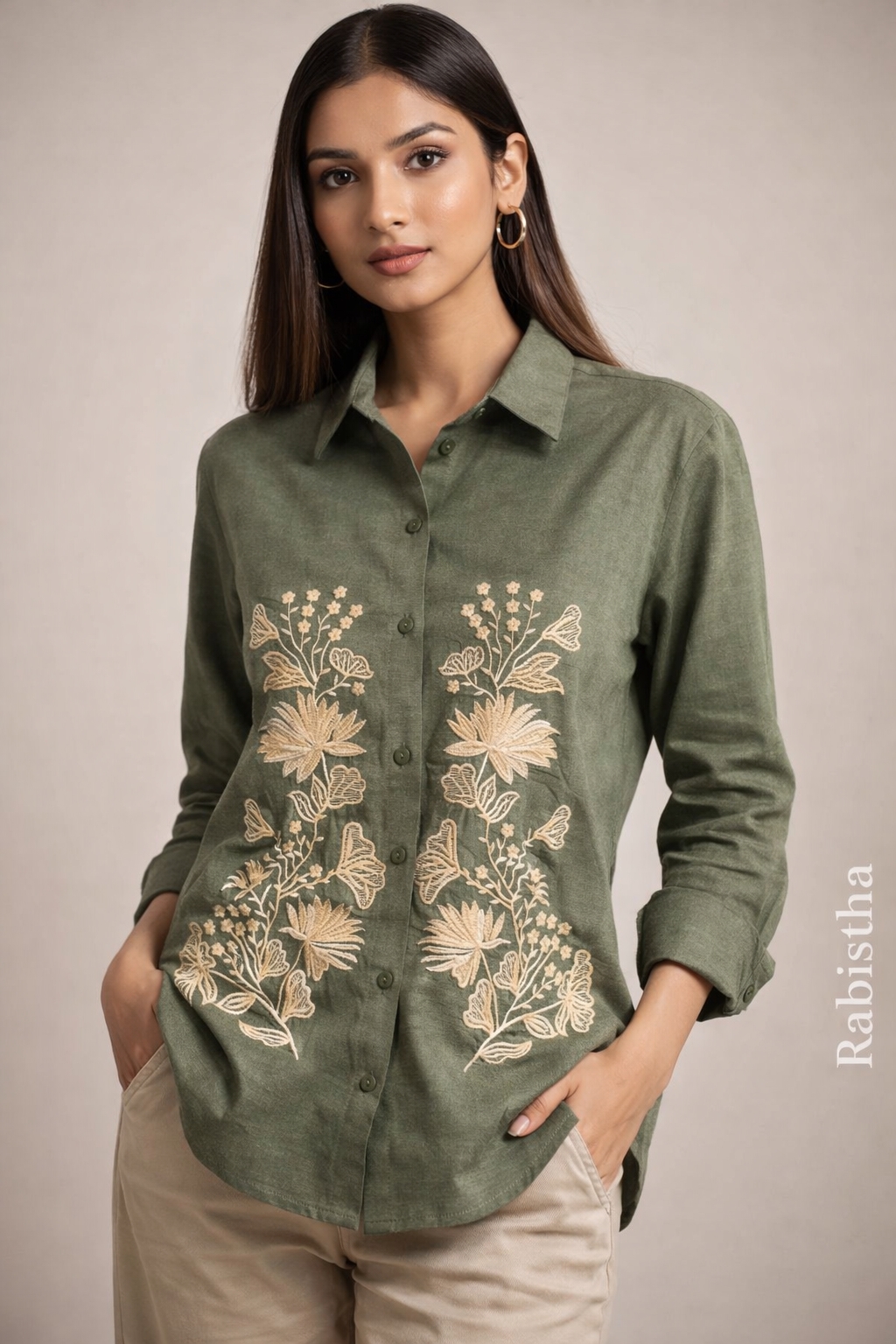 Women’s Cotton Linen Embroidery With hand works Kurta Set with Pants  ( a-506 ) ( green+ beige )