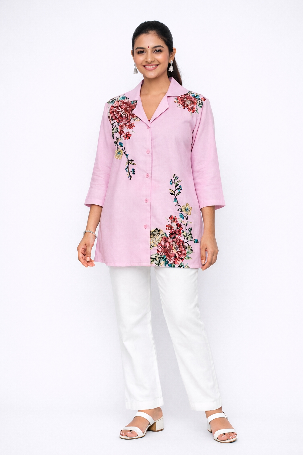 Women’s Cotton Linen Embroidery With Digital Print and hand works Kurta Set with Pants  ( a-506 ) (pink+white  )