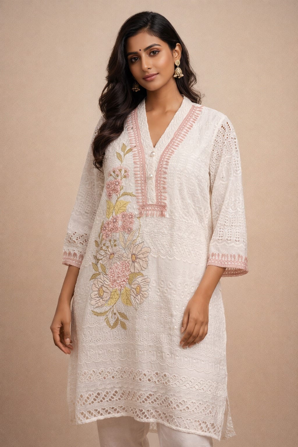 Ivory Bloom Embroidered Cotton Kurti ( a-505 )