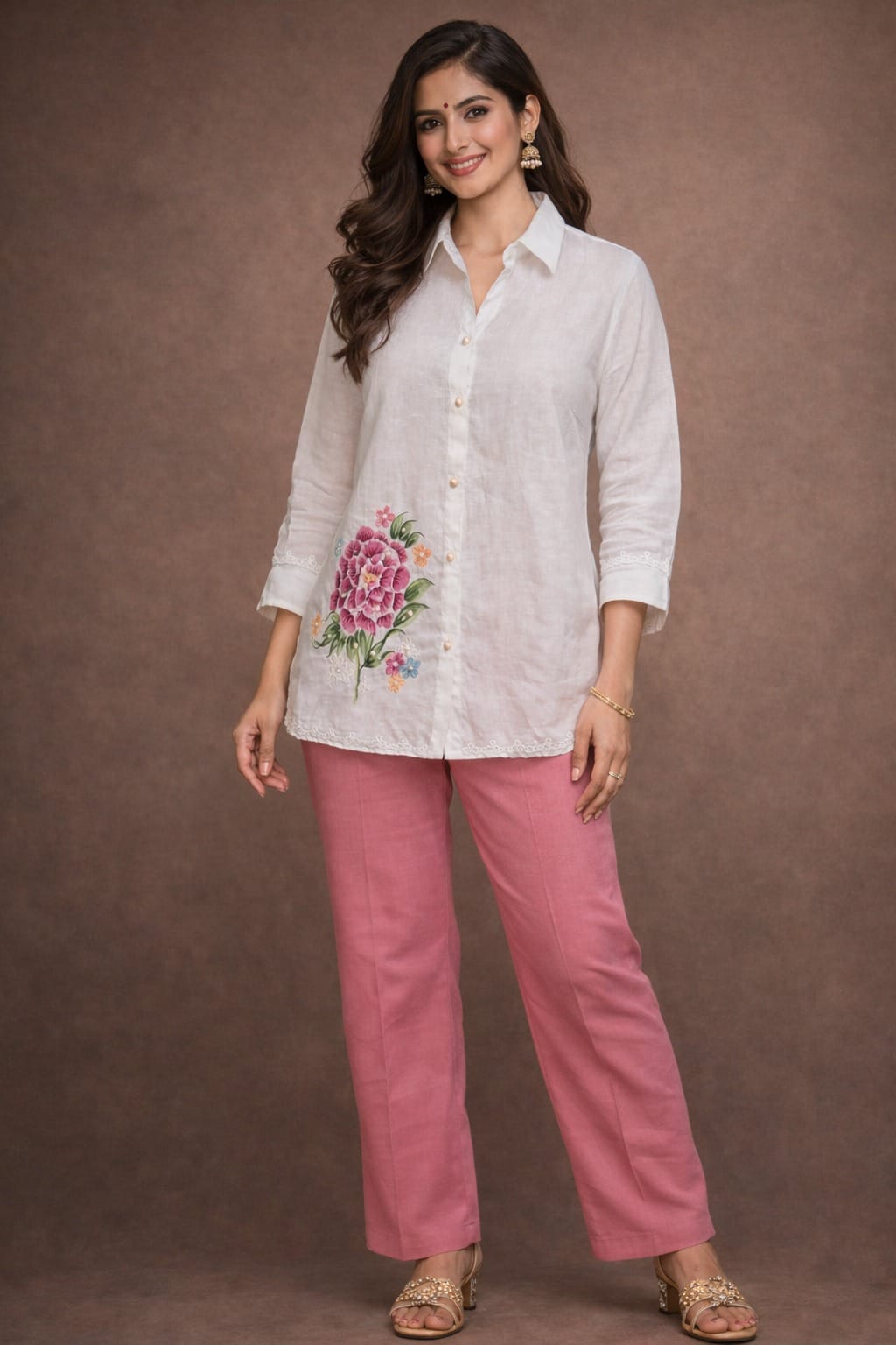 Blush Garden Embroidered Shirt Tunic Set  ( a-504 ) ( white pink )