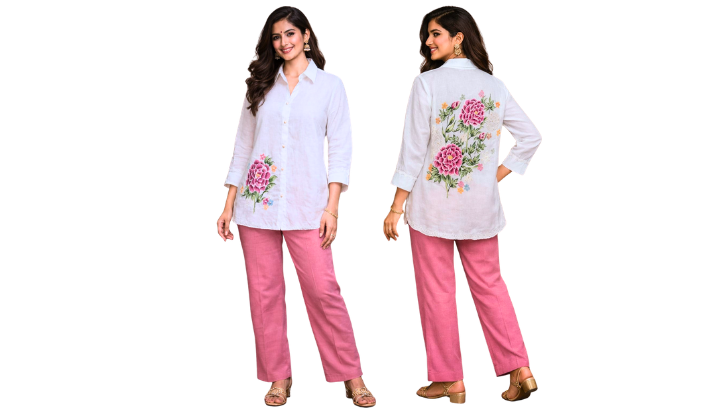 Blush Garden Embroidered Shirt Tunic Set  ( a-504 ) ( white pink )