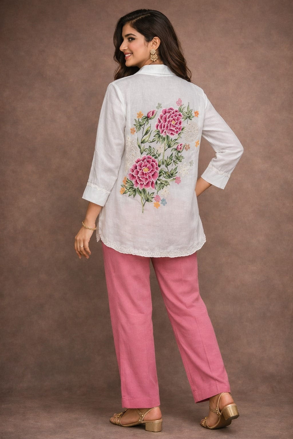 Blush Garden Embroidered Shirt Tunic Set  ( a-504 ) ( white pink )