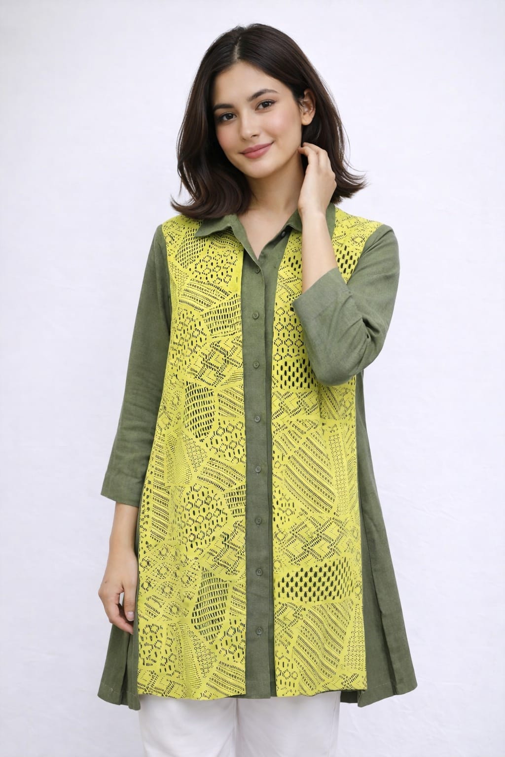 Olive Harmony Printed Panel Kurti( a-502 ) ( olive green )