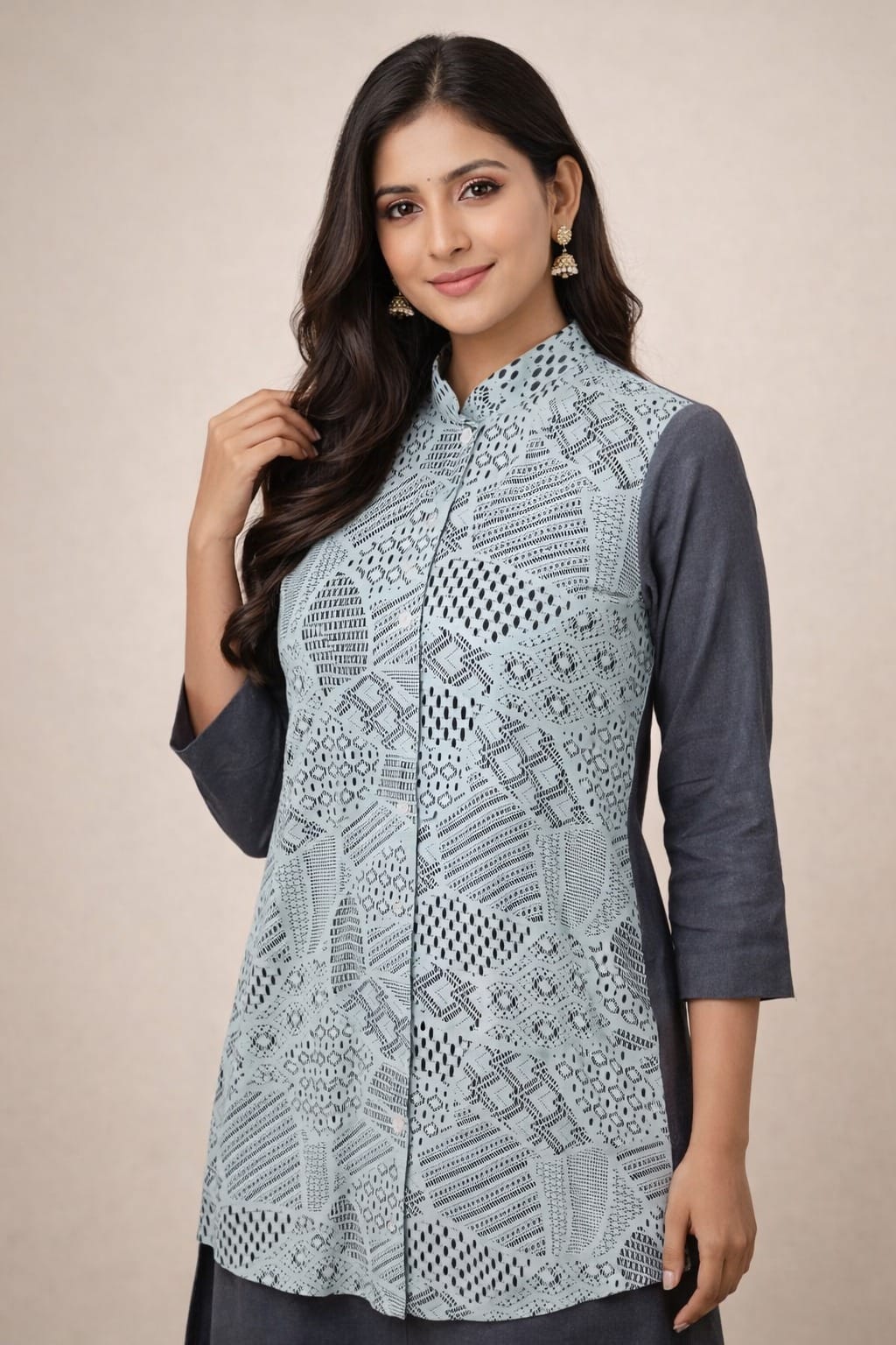 Slate Grace Printed Panel Kurti( a-501) ( charcoal black )