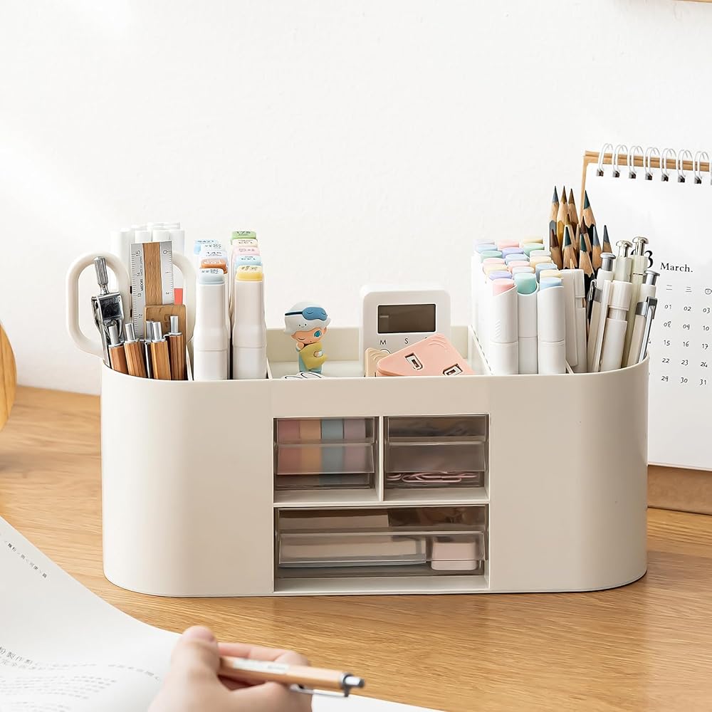 360° Rotating Desk Organizer with Drawer – Multi-Compartment Stationery Holder
