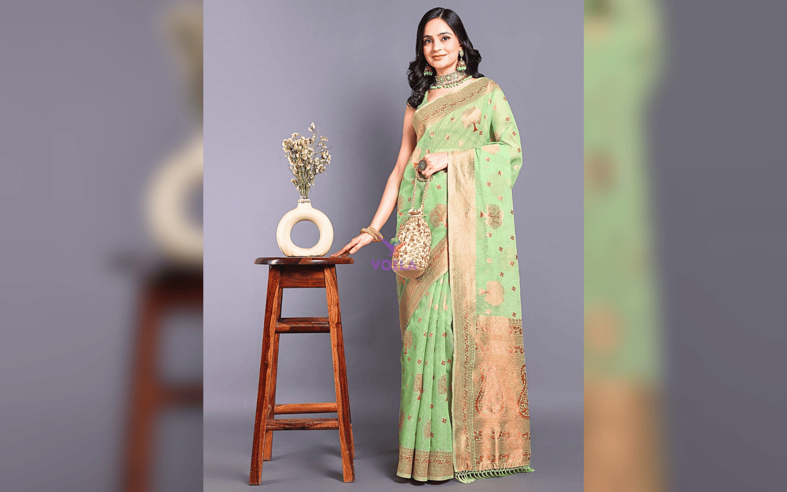 Green Banarasi Style Saree with Gold Zari Border | Traditional Festive Wear