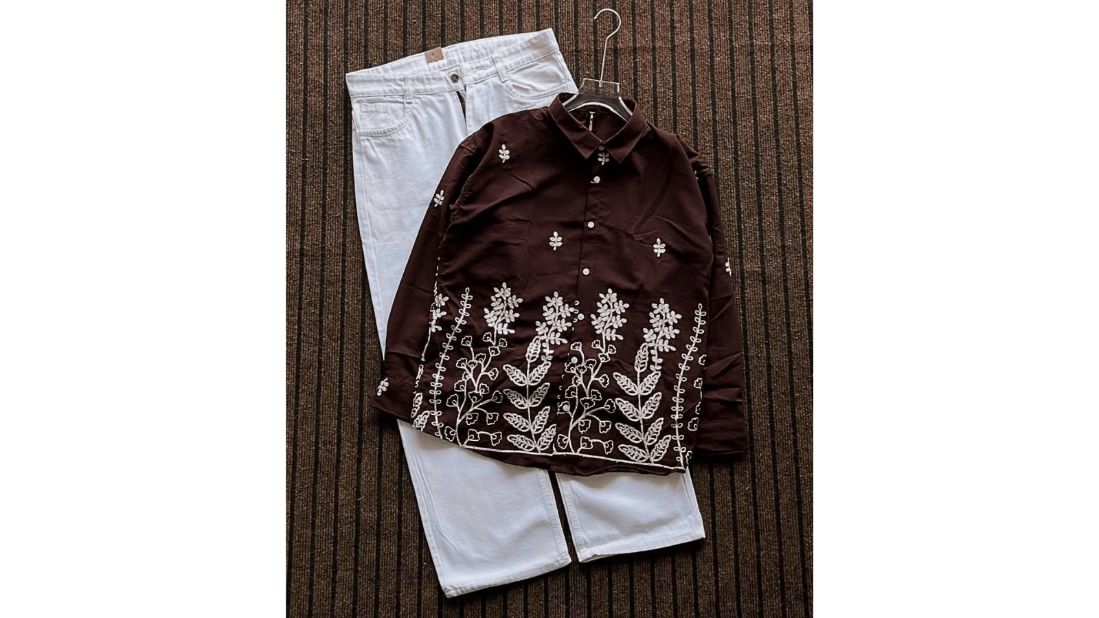 Men’s Brown Embroidered Shirt with White Jeans Premium Combo