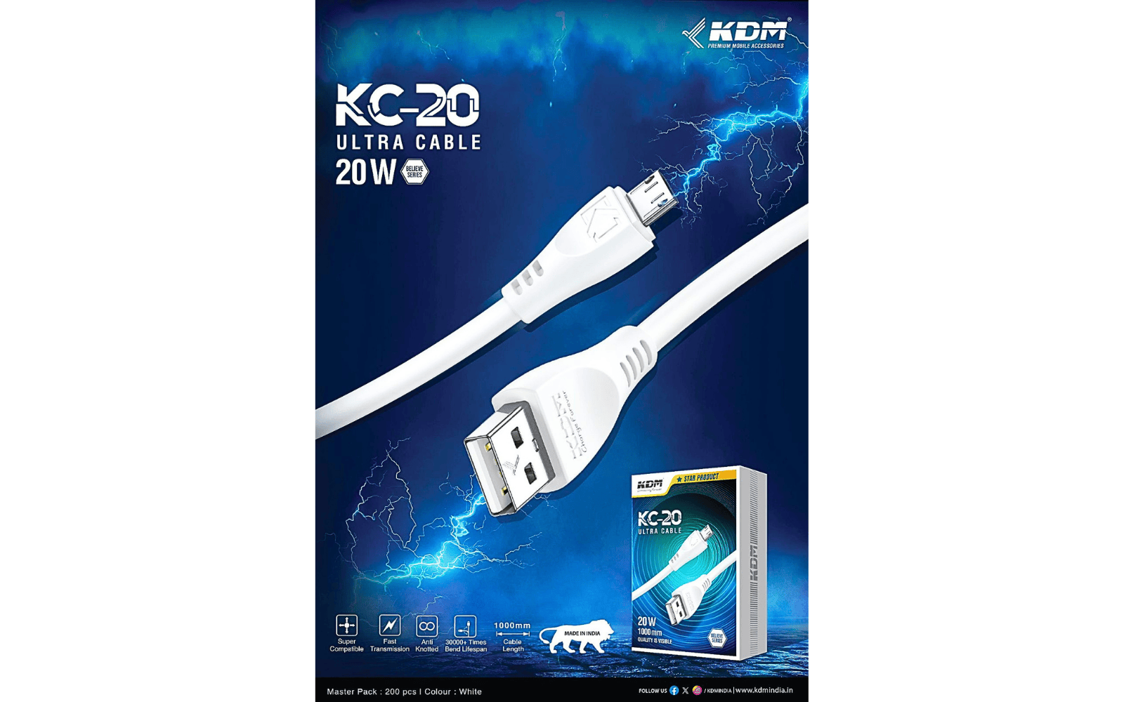 KDM KC20 Micro USB Fast Charging Cable (20W | 1000mm) – Believe Series