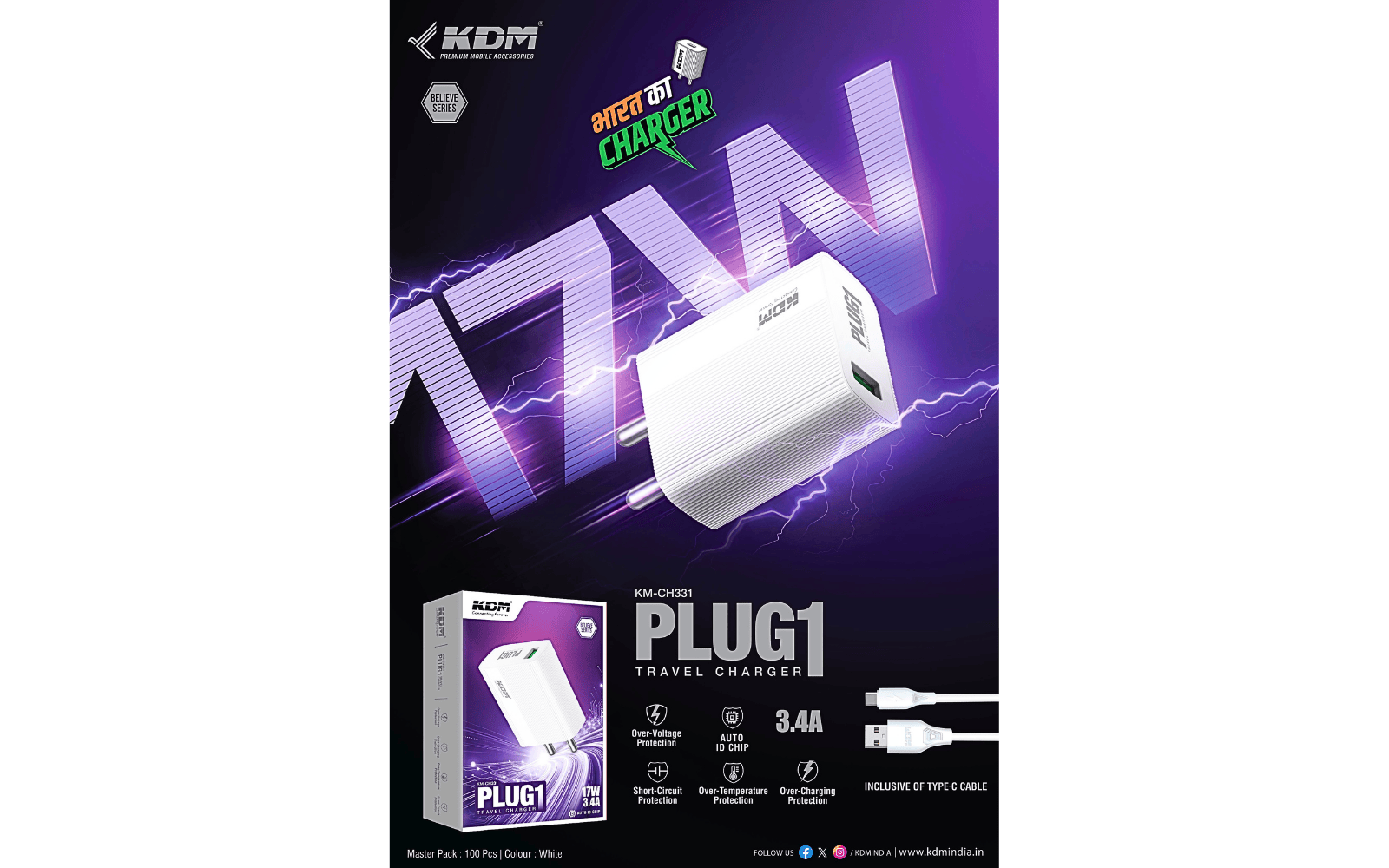 KDM CH331 Plug1 Type-C Fast Charger (17W | 3.4A) – Believe Series