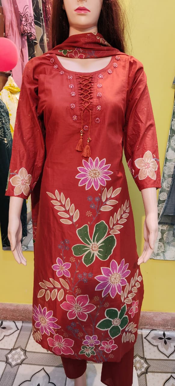 Women’s Designer Red Printed Kurti Set with Dupatta