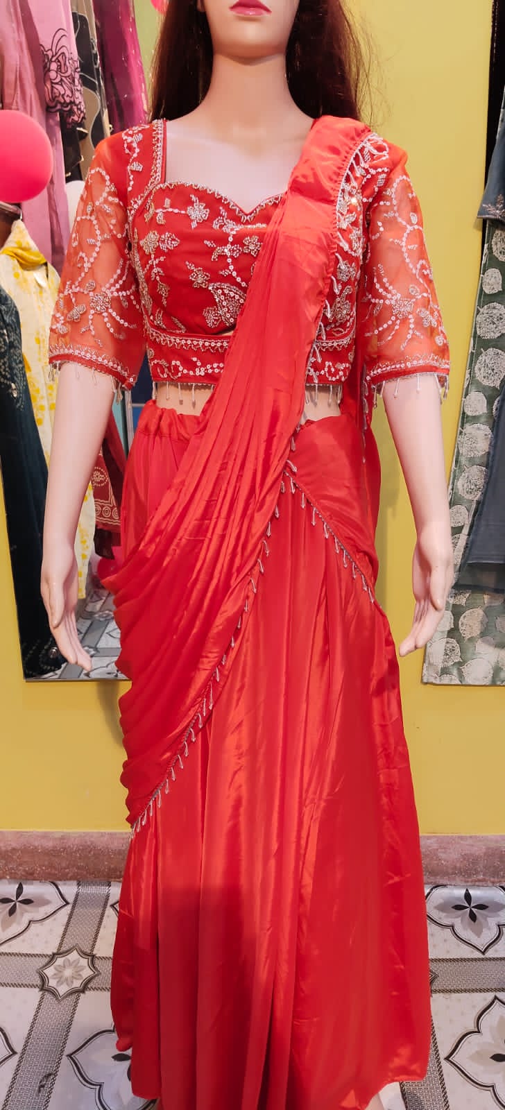 Women’s Red Saree Style Gown (Ready-to-Wear Designer Outfit)