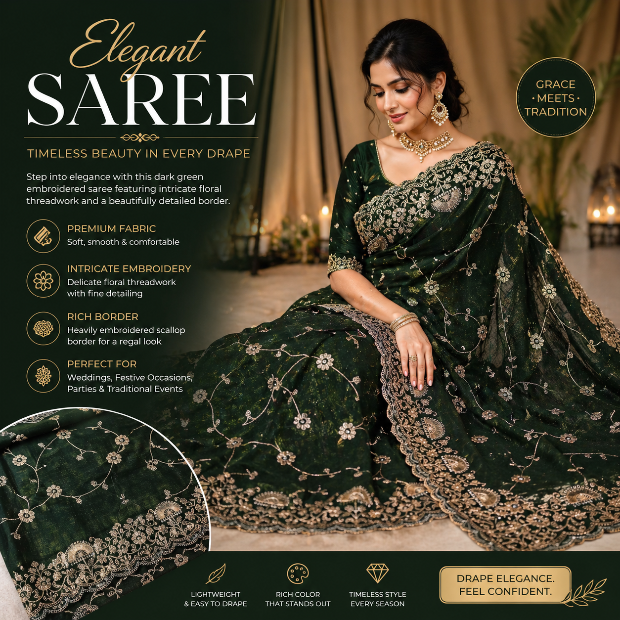 Elegant Dark Green Embroidered Saree 💚