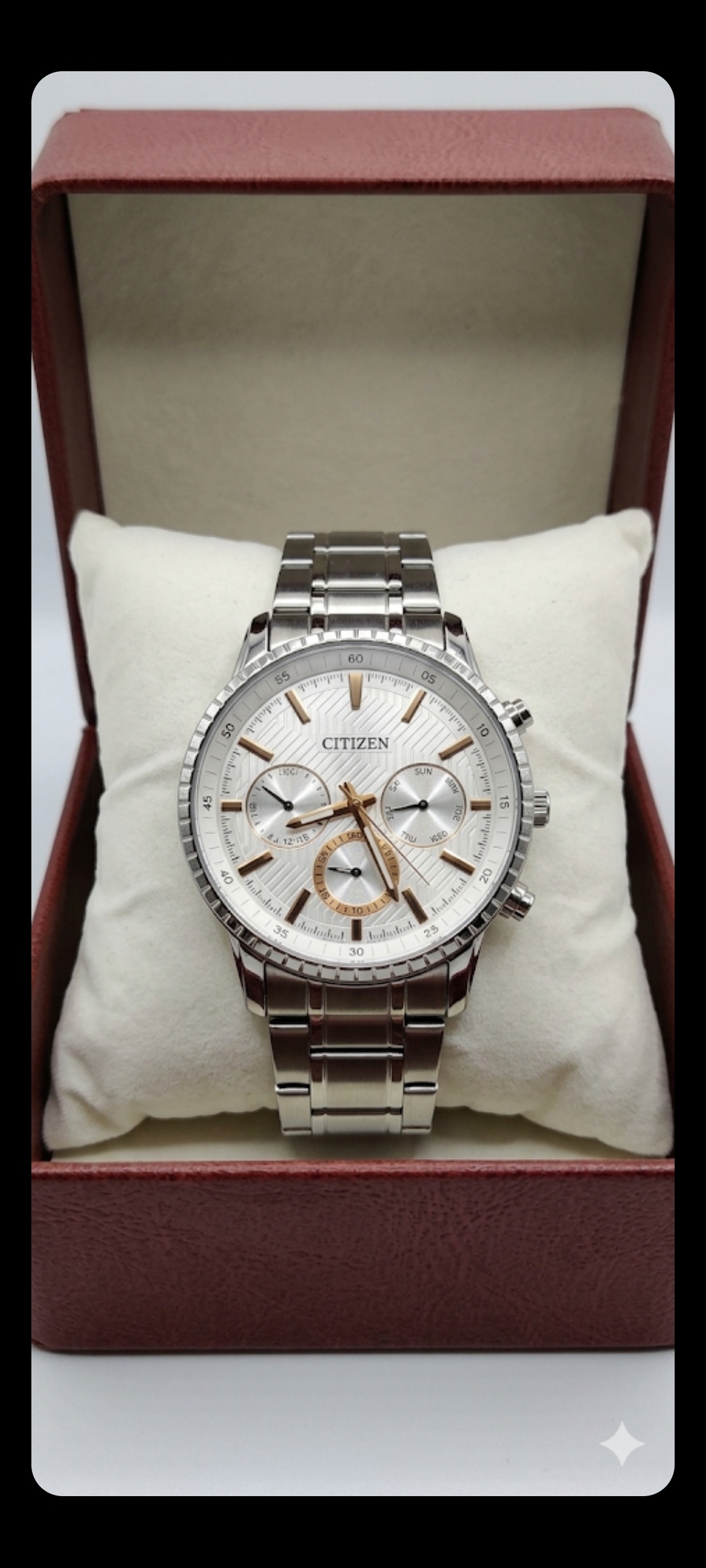 Citizen Eco-Drive Men’s Multi-Function Chronograph Watch (Silver & Rose Gold Tone)