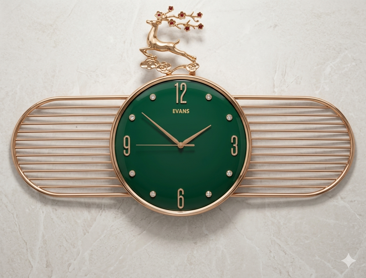 Elegant Emerald Green & Gold Reindeer Wall Clock