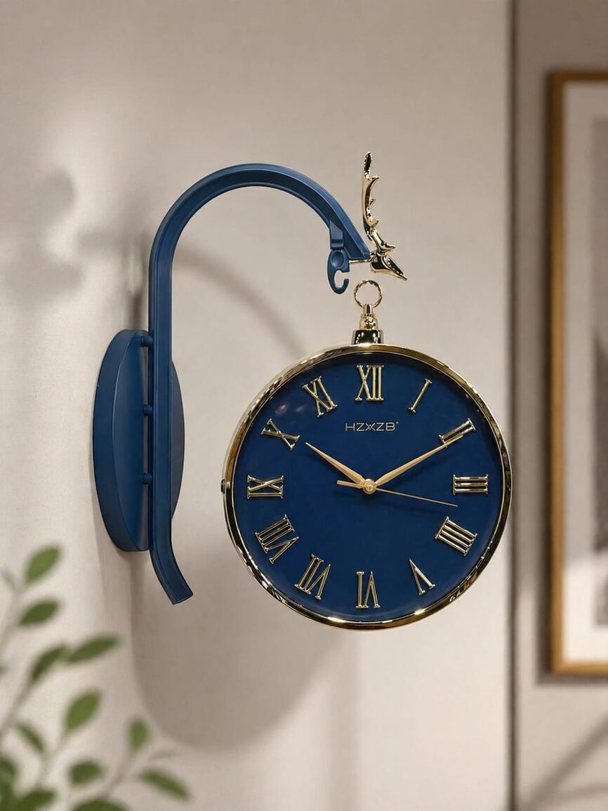 Luxury Royal Blue Double-Sided Hanging Wall Clock with Golden Roman Numerals