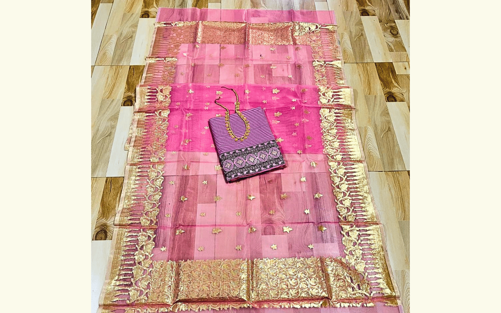 Premium Pink Net Saree with Golden Zari Border Set