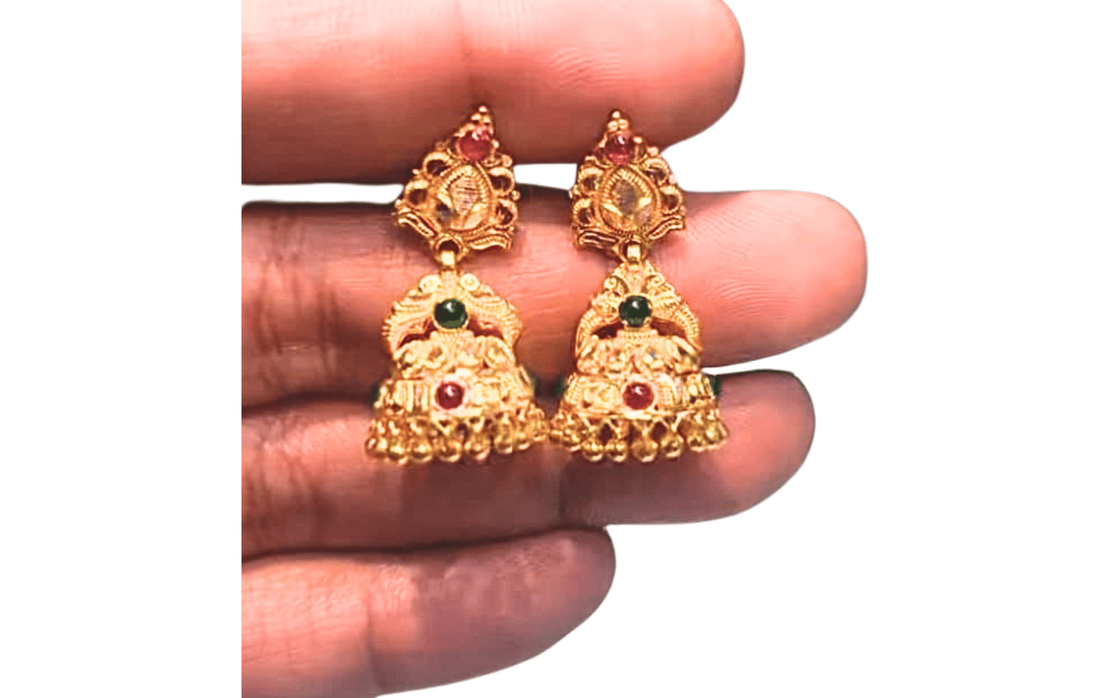 Classic Temple Style Gold Jhumka Earrings (Green & Red Stone)