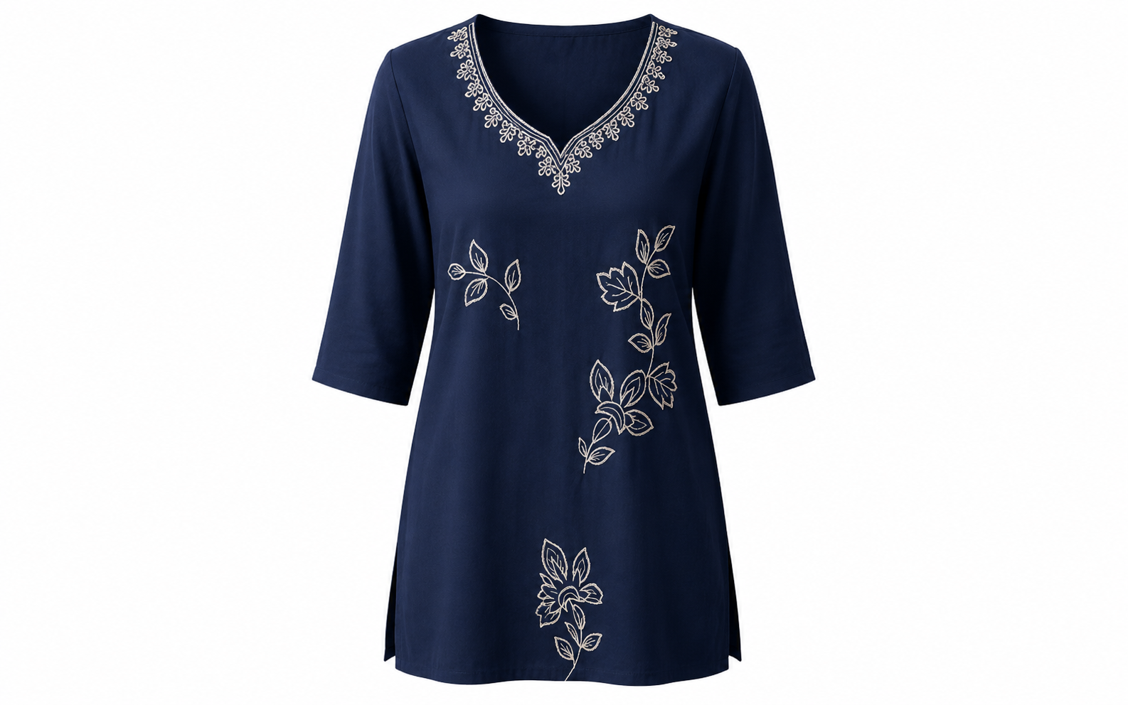 Women's Floral Embroidered V-Neck Straight Kurti