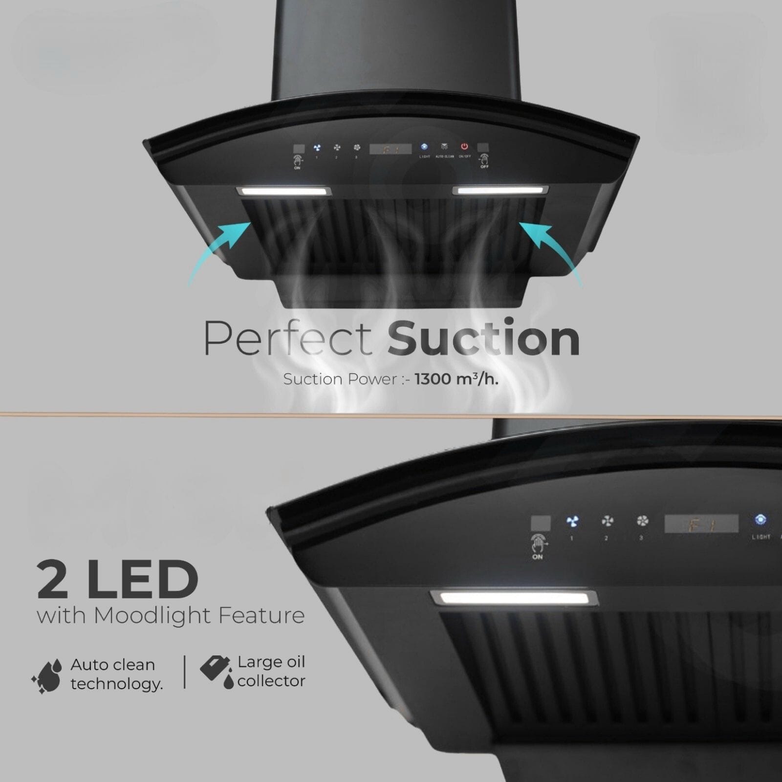 Premium Auto Clean Filterless Kitchen Chimney | 1300–1400 m³/hr High Suction | Touch Control | Motion Sensor | Dual LED Lamps | Black Tempered Glass