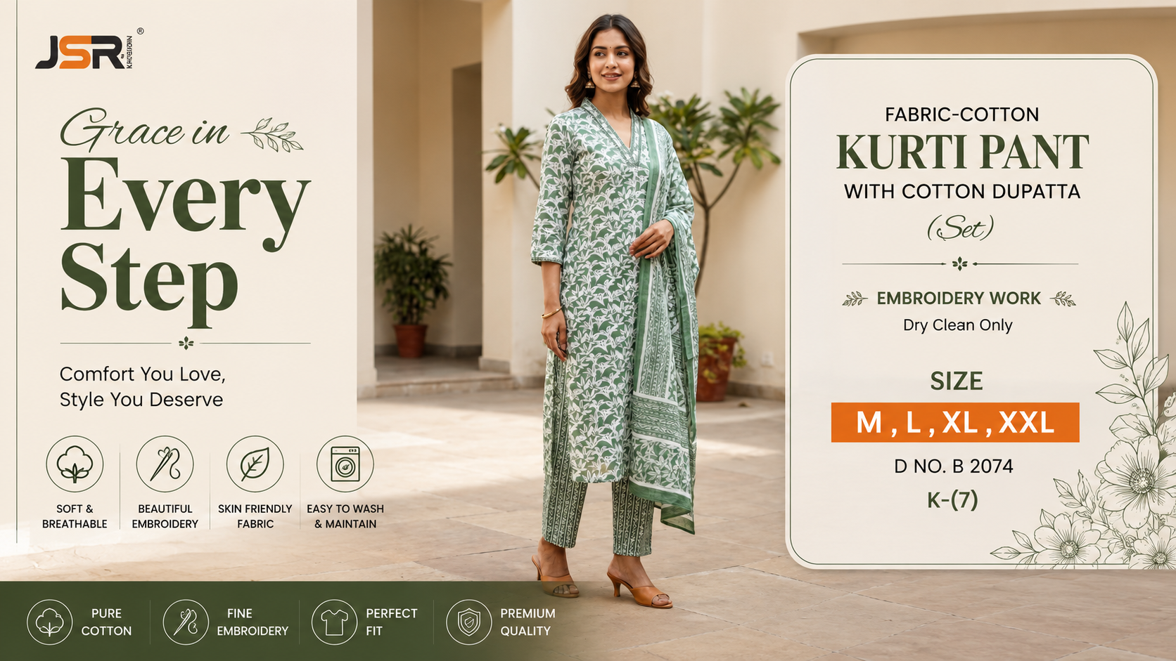Sage Green Cotton Kurti Pant with Dupatta Set (D No. B2074)