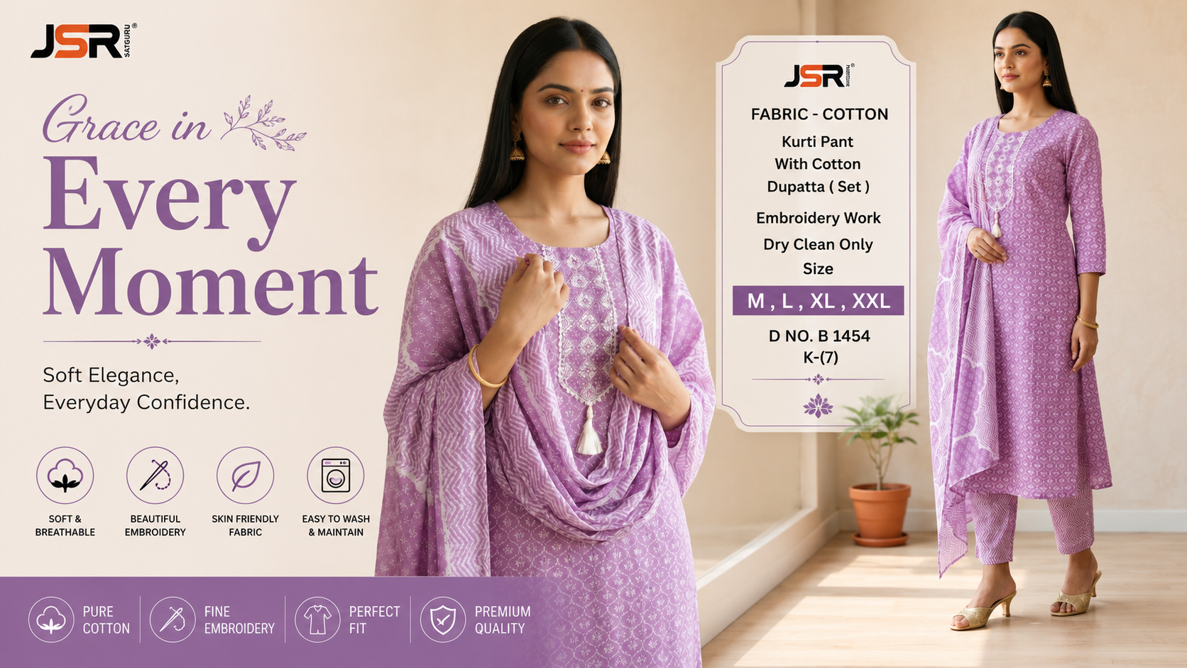 Lavender Designer Cotton Kurti Pant with Dupatta Set (D No. B1454)